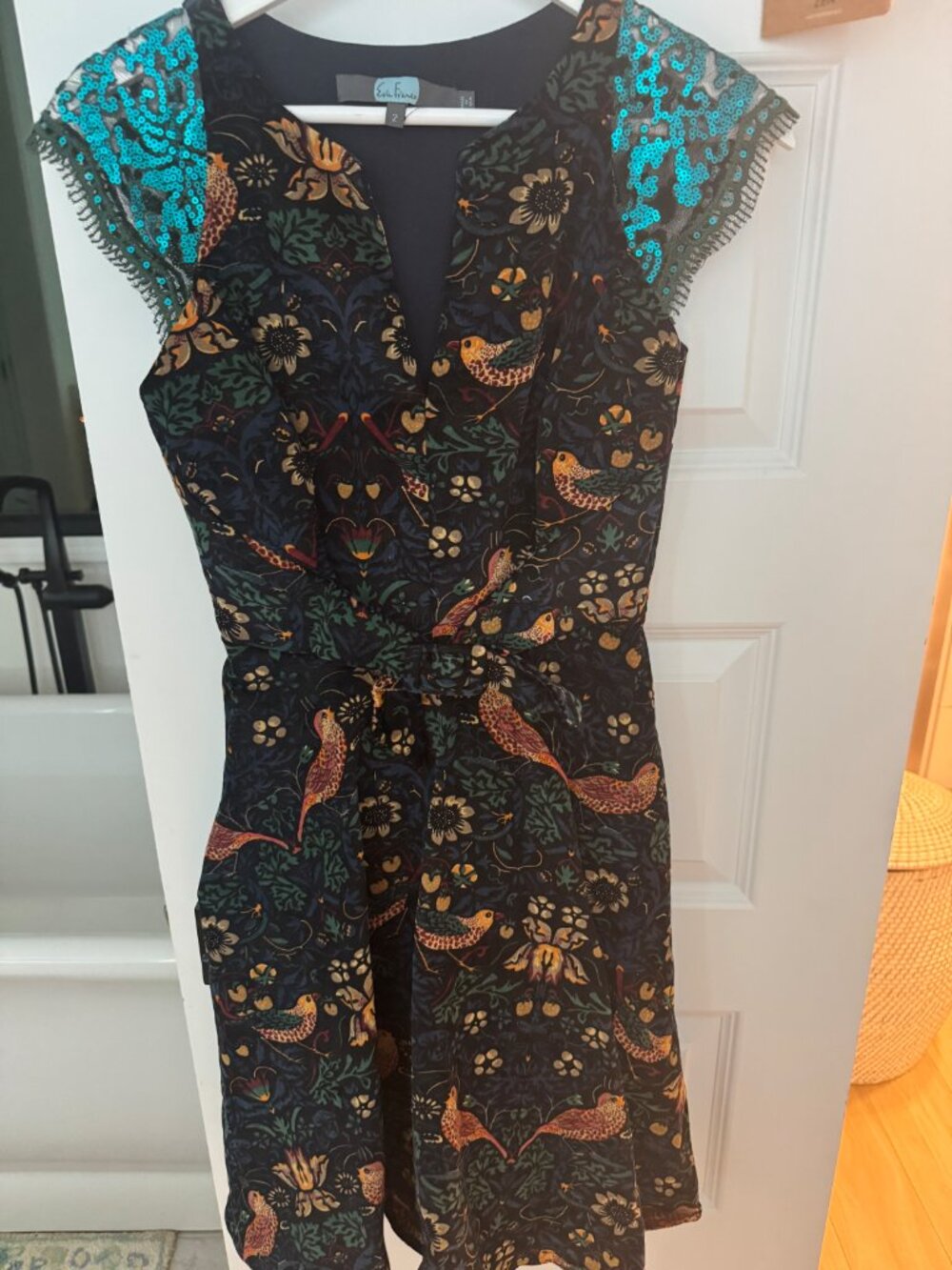 Rare Eva Franco Anthro Larksong Corduroy Bird Dress 2 Sequin Mesh Sleeves - Picture 6 of 6